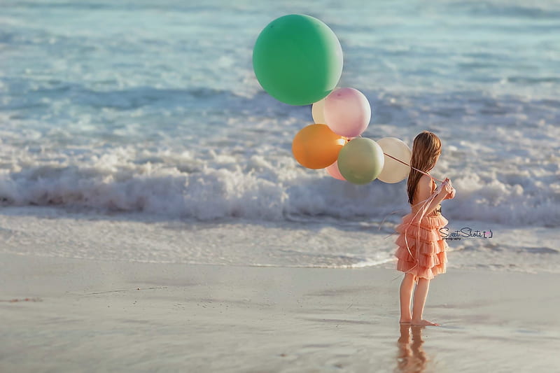 Summer, dress, little, orange, sea, wave, beach, balloon, water, girl, green, copil, child, blue, HD wallpaper