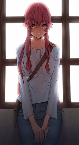 Mirai nikki, anime, girl, kawaii, cute, yuno gasai, pink hair, future diary,  psycopathe, smile, heart