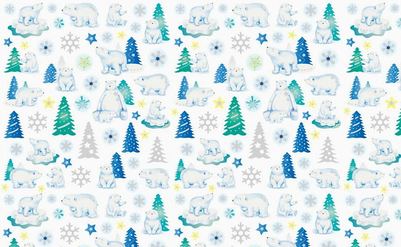 Winter texture, pattern, craciun, christmas, winter, tree, green, texture, paper, white, polar bear, blue, HD wallpaper