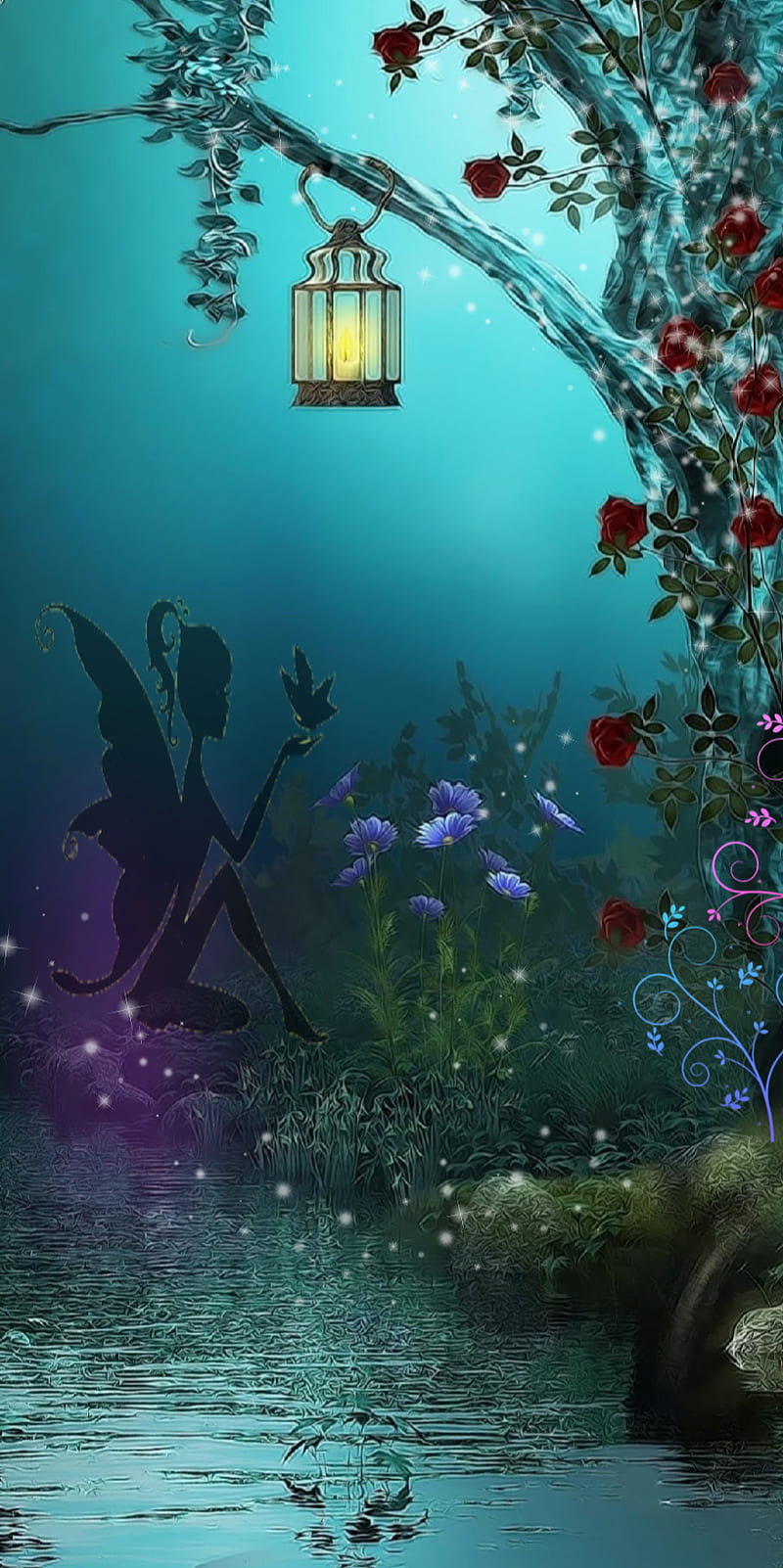 Fairy, sparkle, garden, blue, nature, butterfly, HD phone wallpaper