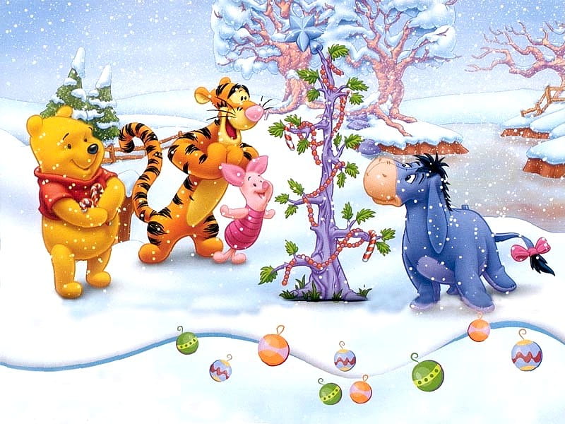 Winnie Pooh and friends at christmas, christmas, holiday, snow, winnie pooh, winter, HD wallpaper
