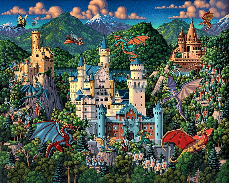 Imaginary Dragons F, art, bonito, abstract, artwork, dragons, castles, fantasy, painting, wide screen, castle, HD wallpaper