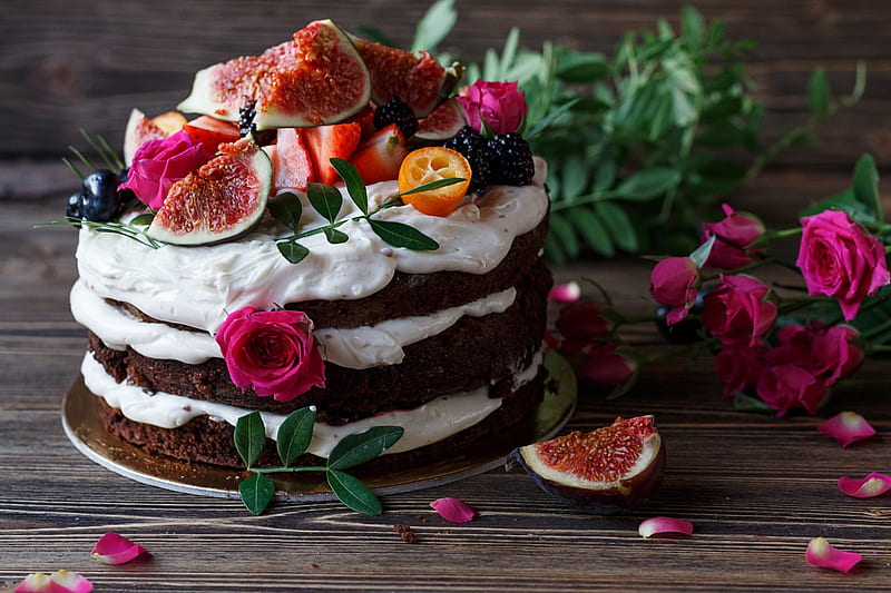 Cake, food, rose, chocolate, sweet, dessert, fruit, flower, pink, cream, HD wallpaper