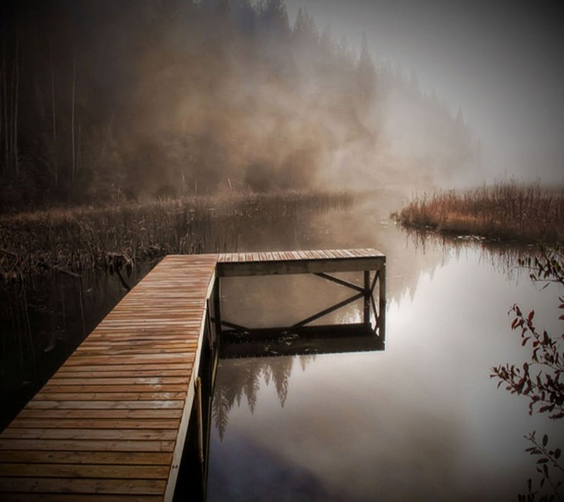 Morning Mist, lake, nature landscape, new, nice, water, wharf, HD wallpaper