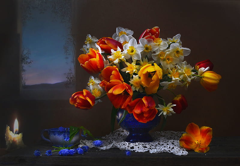 Still life, Tulips, Napkin, Daffodils, Vase, HD wallpaper