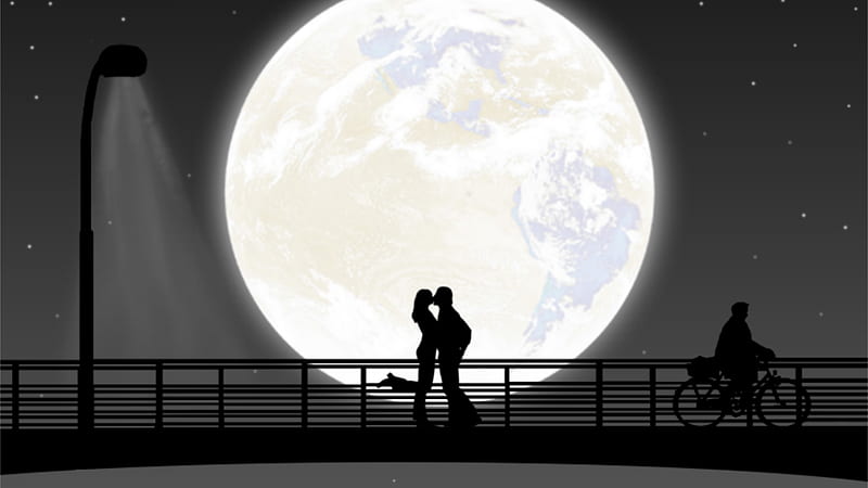 Full Moon Night Couple Kiss, love, couple, moon, kiss, artist, artwork, digital-art, monochrome, black-and-white, HD wallpaper