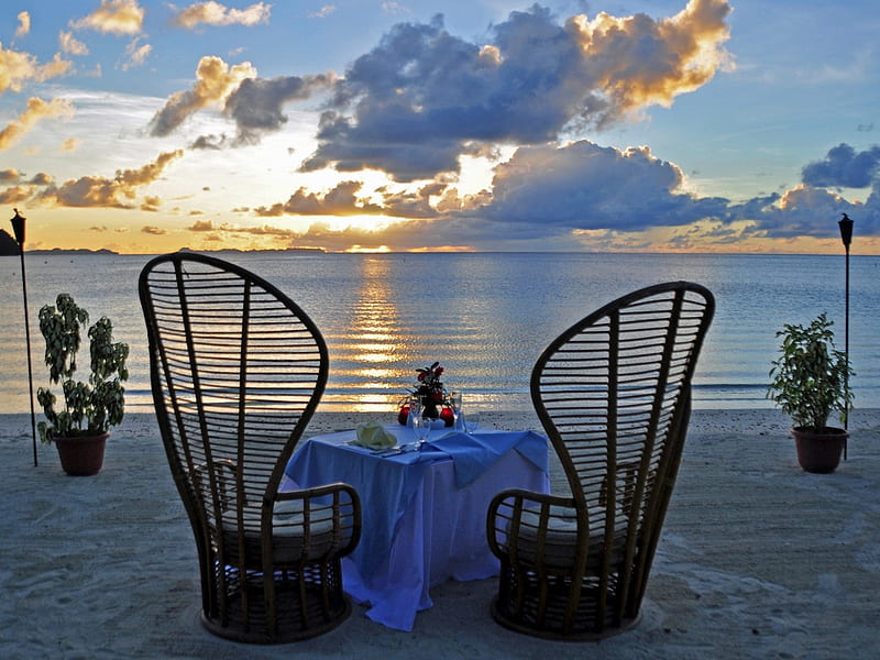 Dinner For Two, table, beach, ocean, chairs, nature, HD wallpaper