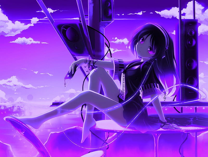 Anime Girl, headset, kawaii, anime, speakers, clouds, sky, blue, HD  wallpaper