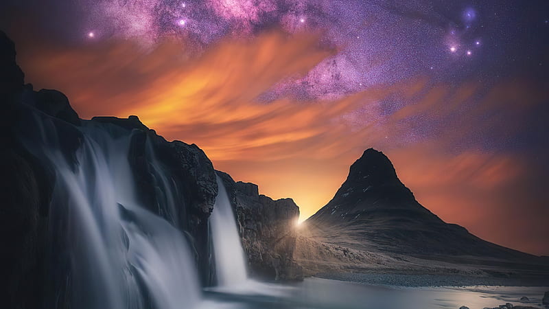 Waterfall Glowing Sky Stars Mountains , mountains, sky, stars, nature, HD wallpaper