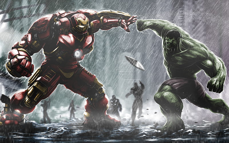 Hulkbuster vs Hulk battle, superheroes, Hulkbuster, Hulk, HD wallpaper