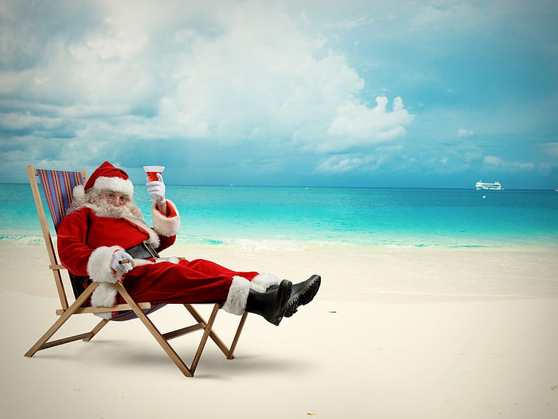 Santa Claus on the beach, cloud, man, new year, sea, beach, santa, sand, summer, funny, HD wallpaper