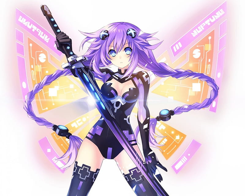 Purple Heart, cg, wing, twin tail, mecha, blade, anime, hot, anime girl, weapon, long hair, sword, female, wings, twintail, purple hair, twintails, sexy, twin tails, braids, plain, armor, girl, purple, katana, simple, HD wallpaper