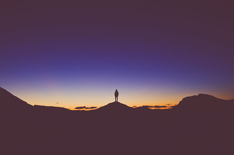Person Standing Mountain Watching View Silhouette graphy , silhouette, graphy, mountains, sunset, HD wallpaper