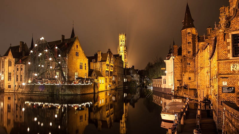 water like glass in a canal in bruges belgium, city, canal, tower, mirror, church, lights, night, HD wallpaper