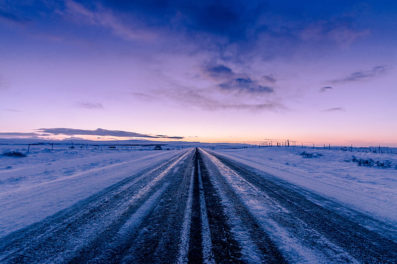 road, snow, winter, direction, horizon, twilight, HD wallpaper