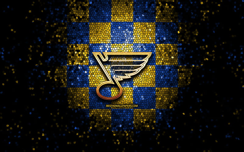St Louis Blues, glitter logo, NHL, blue yellow checkered background, USA, american hockey team, St Louis Blues logo, mosaic art, hockey, America, HD wallpaper