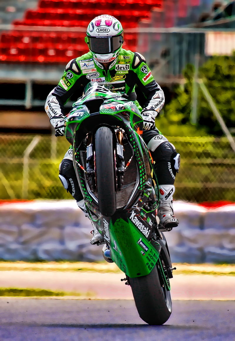 kawasaki, motorcycle, green, motorcyclist, trick, HD phone wallpaper