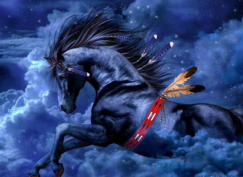 Spirit of the wild, stars, black, horse, abstract, sky, clouds, spirit, stallion, fantasy wild, feathers, HD wallpaper