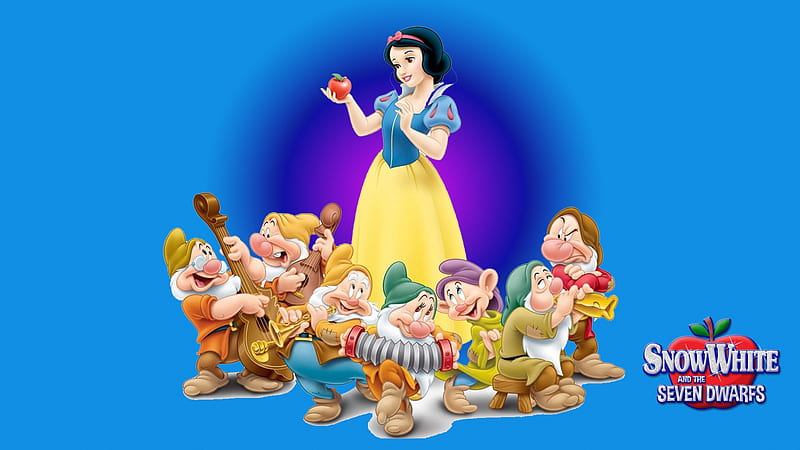 Snow White and the Seven Dwarfs, snow white, fantasy, girl, gnome, dwarf, princess, disney, blue, HD wallpaper