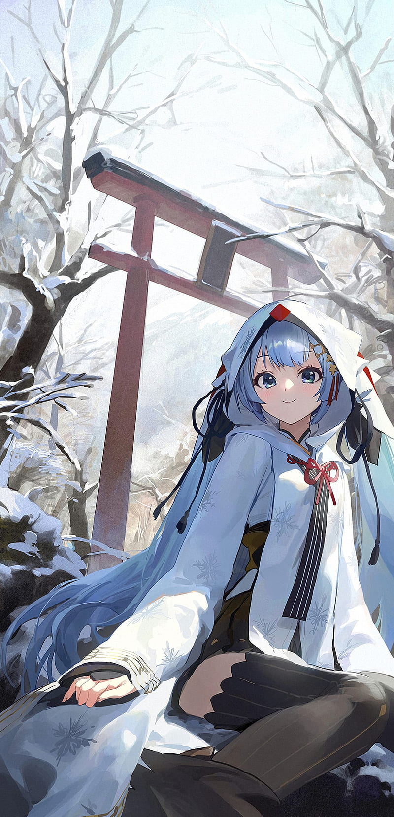 anime, anime girls, winter, torii, snow, Vocaloid, Hatsune Miku, Yuki Miku, Mossi (artist), HD phone wallpaper