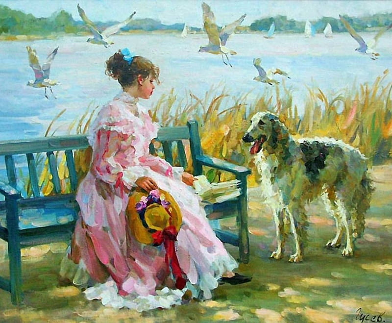 Painting, Birds, Art, Girl, Dog, Hd Wallpaper 