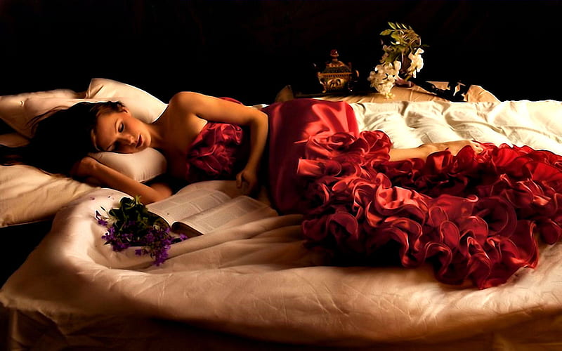Sleeping beauty, pillow, red dress, book, dreams, bed, purple, gorgeous dress, sweet dreams, flowers, beauty, lady, beautiful girl, HD wallpaper
