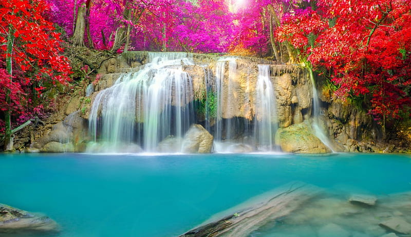 Erawan Waterfall, Thailand, rocks, blossoms, colors, river, trees, HD wallpaper