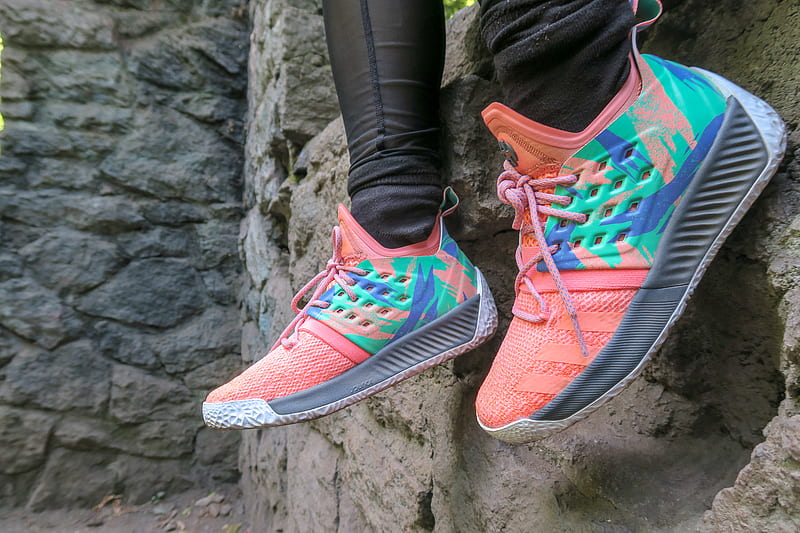 person wearing teal-and-orange adidas sneakers, HD wallpaper