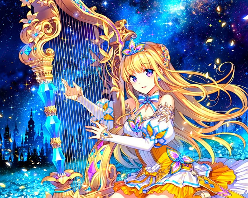 Girl Playing Harp, harp, cute, girl, anime, HD wallpaper