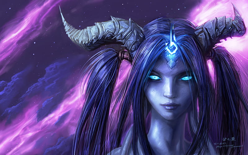 Draenei, stars, female, world of warcraft, warcraft, video game, game, video games, clouds, horns, blue hair, purple, lone, blue eyes, long hair, pink, HD wallpaper