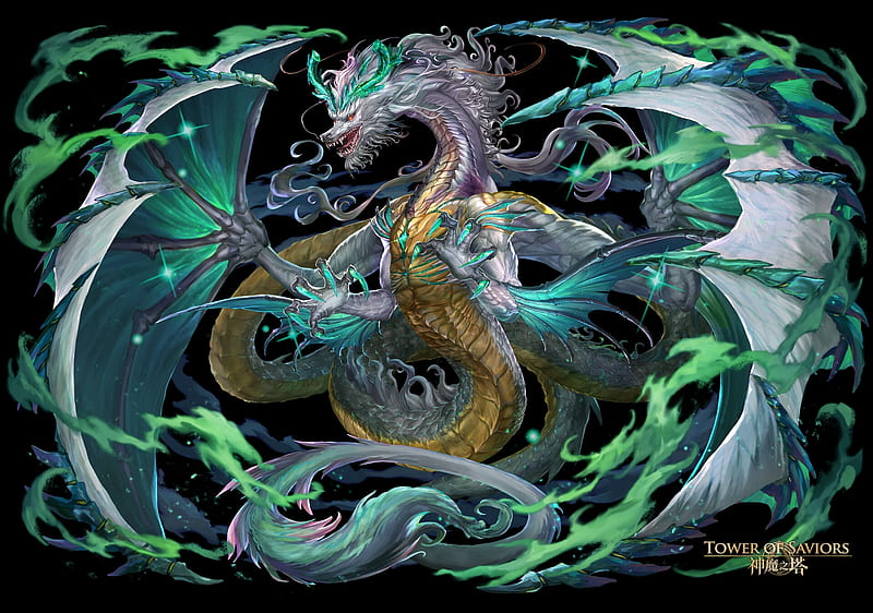 Dragon, tower of saviors, fantasy, green, tyrion daniel, qing gui, howl of rune, HD wallpaper