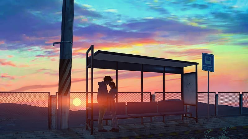 Journey To Love Bus Stop Cuddle Of The Anime Sweethearts, anime-girl, anime, couple, love, artist, artwork, digital-art, HD wallpaper