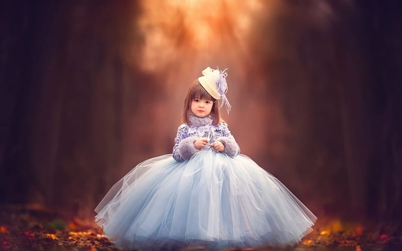 Little princess, dress, autumn, orange, meg bitton, hat, girl, copil, child, princess, blue, HD wallpaper