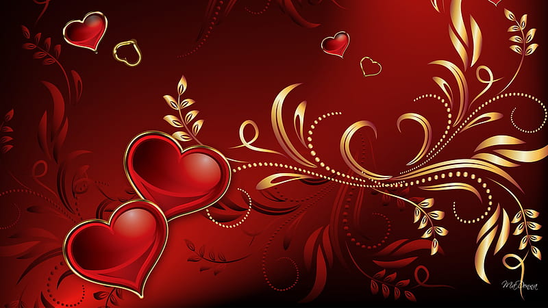The Heart Demands, valentines day, red, romantic, black, gold swirls, corazones, vine, gold, sophisticated, HD wallpaper