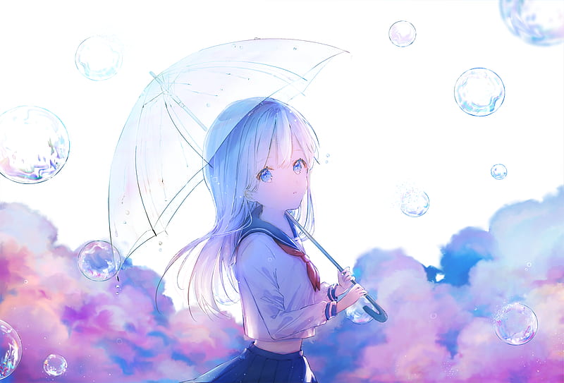 anime school girl, transparent umbrella, bubbles, Anime, HD wallpaper