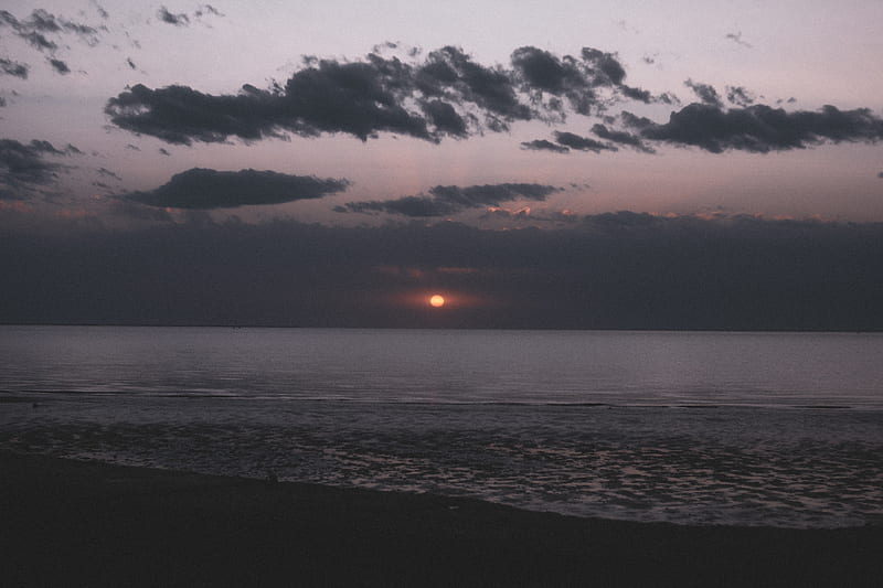 sea, beach, sunset, dark, dusk, HD wallpaper