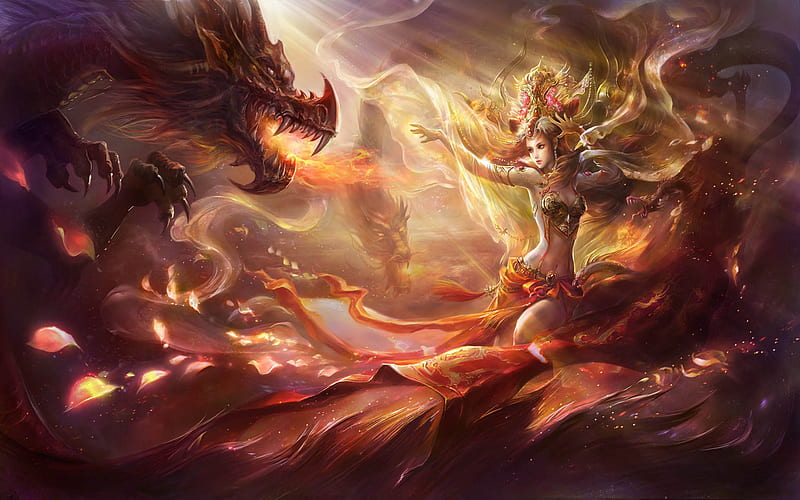 Summoner_Queen_Dragon, fantasy, summoner, queen, beauty, dragon, HD wallpaper