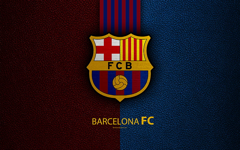 Barcelona FC Spanish football club, La Liga, logo, emblem, leather texture, Barcelona, Catalonia, Spain, football, HD wallpaper