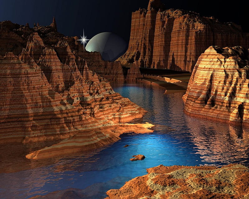 Cool Canyon, rocks, 3d and cg, incredible, nice, fantasy, stones, paisage, rivers, art, moons, paysage, different, abstract, canyons, trees, water, cool, awesome, spetacular, hop, majesty, gourgeous, beautiful graphy, mirror, blue, night, amazing, horizon, lakes, customized, fabulous, mind teasers, deserts, nature, reflected, reflections, HD wallpaper