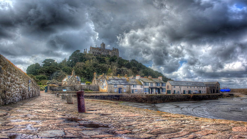 castle on st. michael's mount island off cornwall england r, forest, r, island, clouds, castle, hill, wharf, HD wallpaper