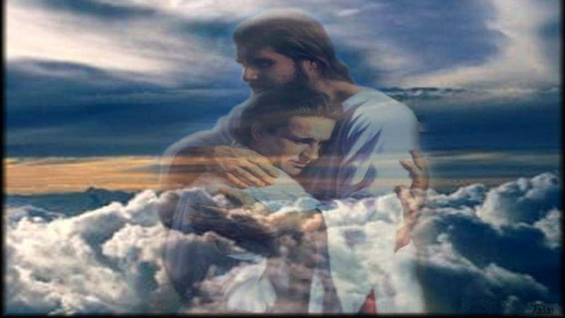 heavenly embrace, jesus, clouds, girl, light, HD wallpaper