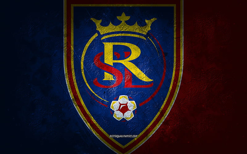Real Salt Lake, American soccer team, red blue stone background, Real Salt Lake logo, grunge art, MLS, soccer, USA, Real Salt Lake emblem, HD wallpaper