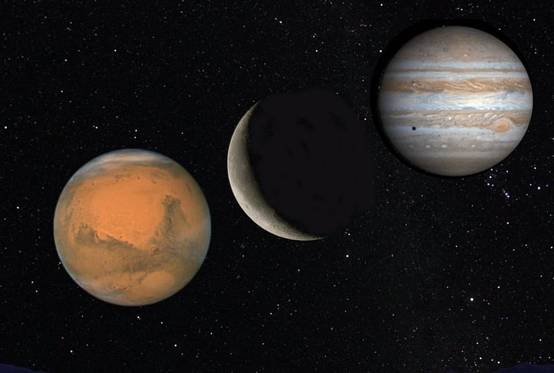 Mars,moon,Jupiter, sattelites, planets, aligned, Space, HD wallpaper