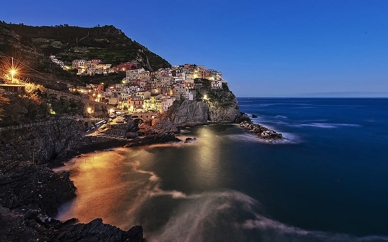 Mediterranean Sea, coast, evening, small town, Cinque Terre, Italy, HD wallpaper
