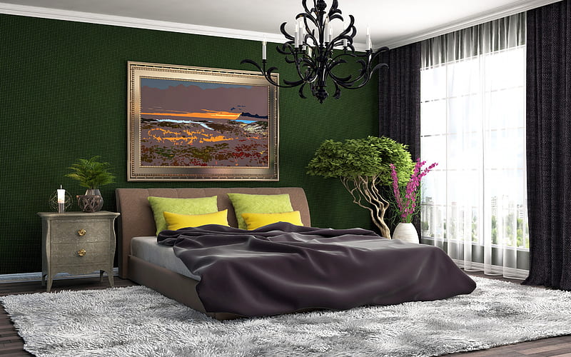 bedroom, green design, vintage apartment, interior idea, layout, HD wallpaper