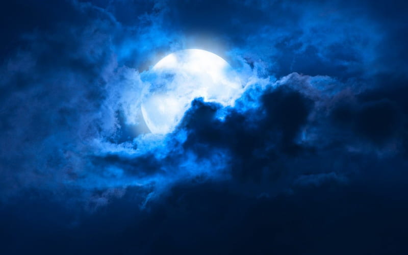 Supermoon ~ August 10, 2014, cloud, full moon, dark, supermoon, white, sky, blue, light, HD wallpaper
