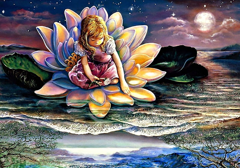 Lotus, art, moon, yellow, sea, josephine wall, fantasy, moon, water, girl, flower, pink, blue, night, HD wallpaper