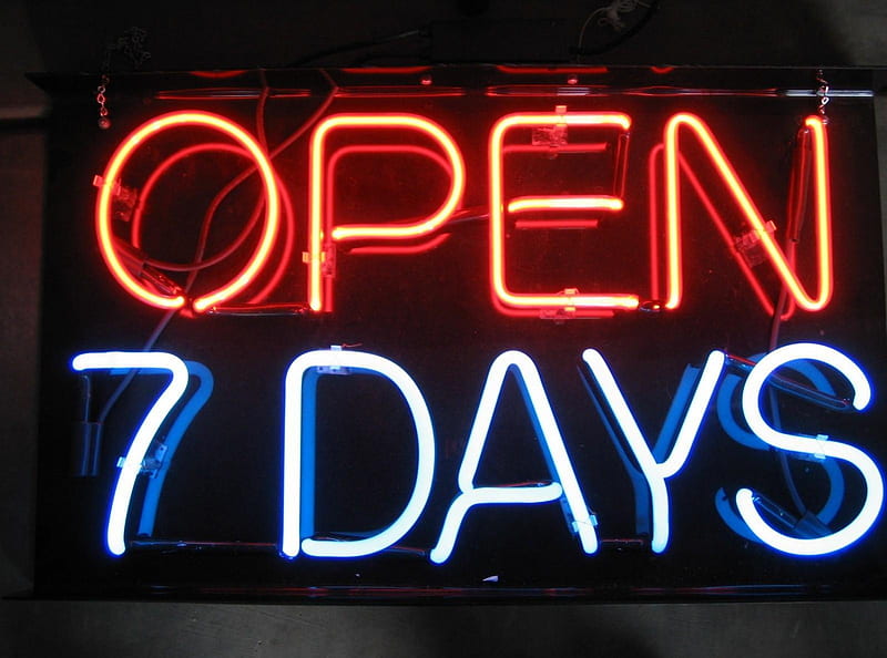 open 7 days a week come on in, neon, sign, antique, classic, HD wallpaper