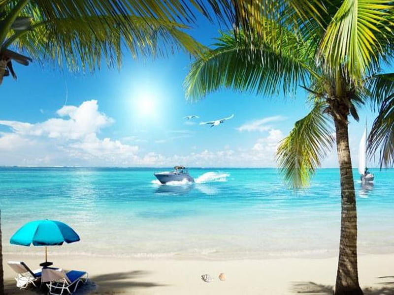 Tropical Holiday, Palm trees, Sand, Ship, Sea, Umbrella, Beach chair, Birds, HD wallpaper