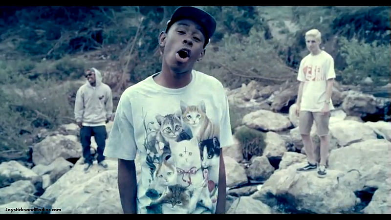 Tyler The Creator Is Standing On Rock Wearing Cats Printed Tshirt With Wide Open Mouth Music, HD wallpaper